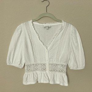 Topshop cotton blouse with lace design & puff sleeves, US 4 (UK 8), White